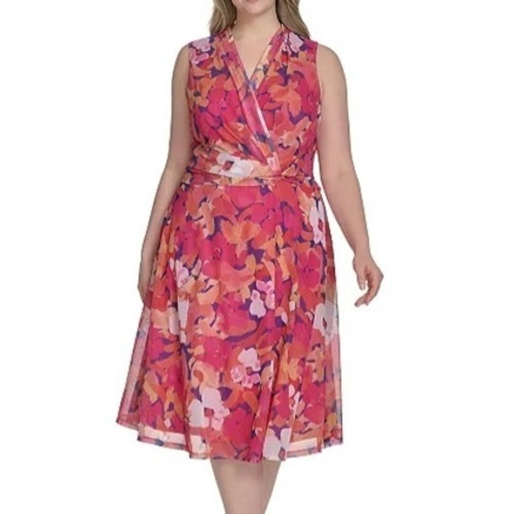 Jessica Howard Floral Surplice Neck Midi Pink Dress Womens Size 18W NWT